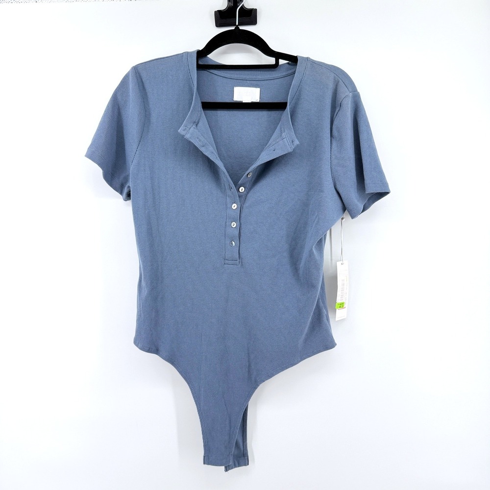 Every Bodysuit Henley Ribbed XL Blue Womens Short Sleeve Snap Crotch New